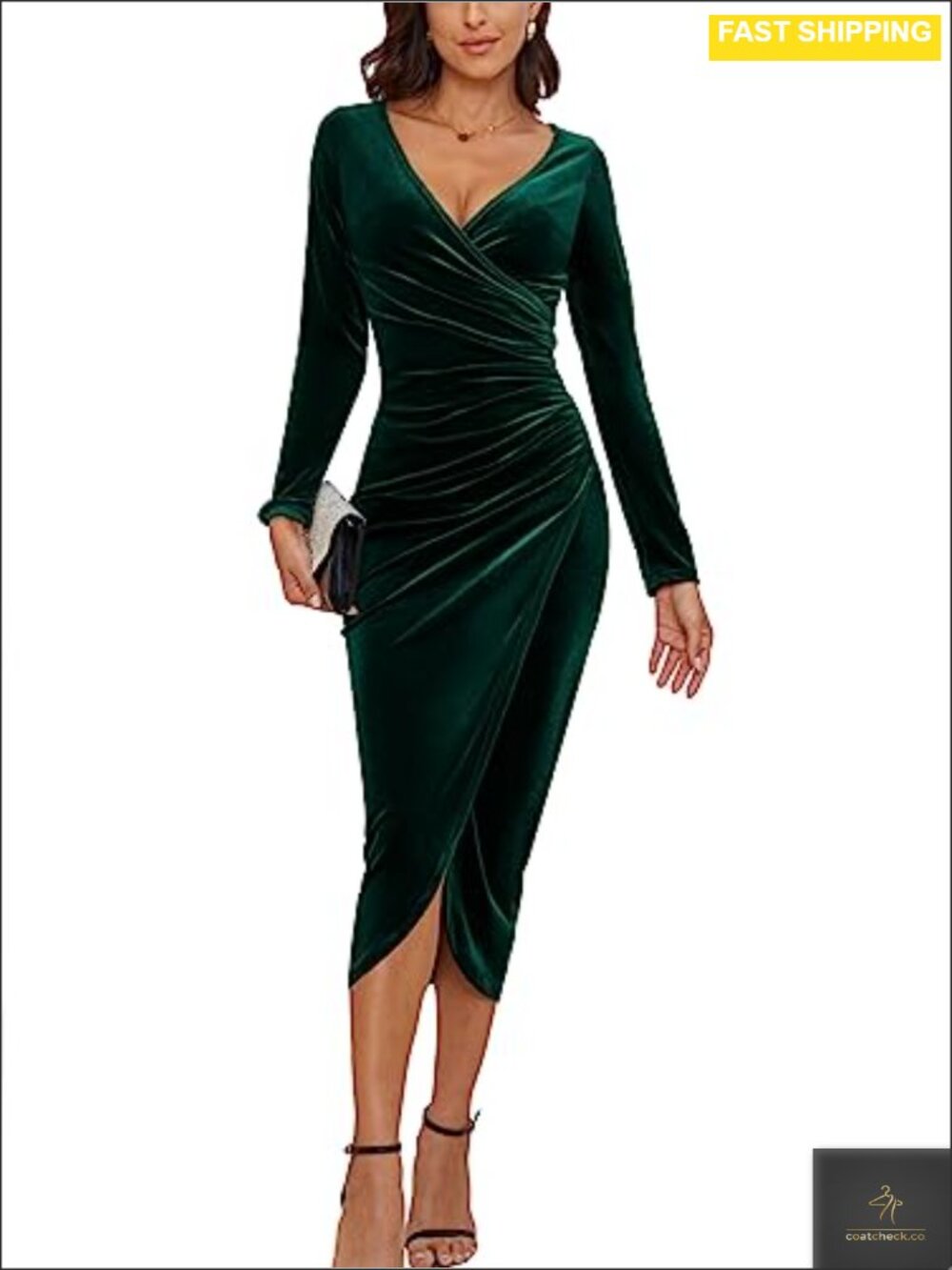 V Neck Wrap Velvet Long Sleeve Maxi Dress Ruched Bodycon Split Formal